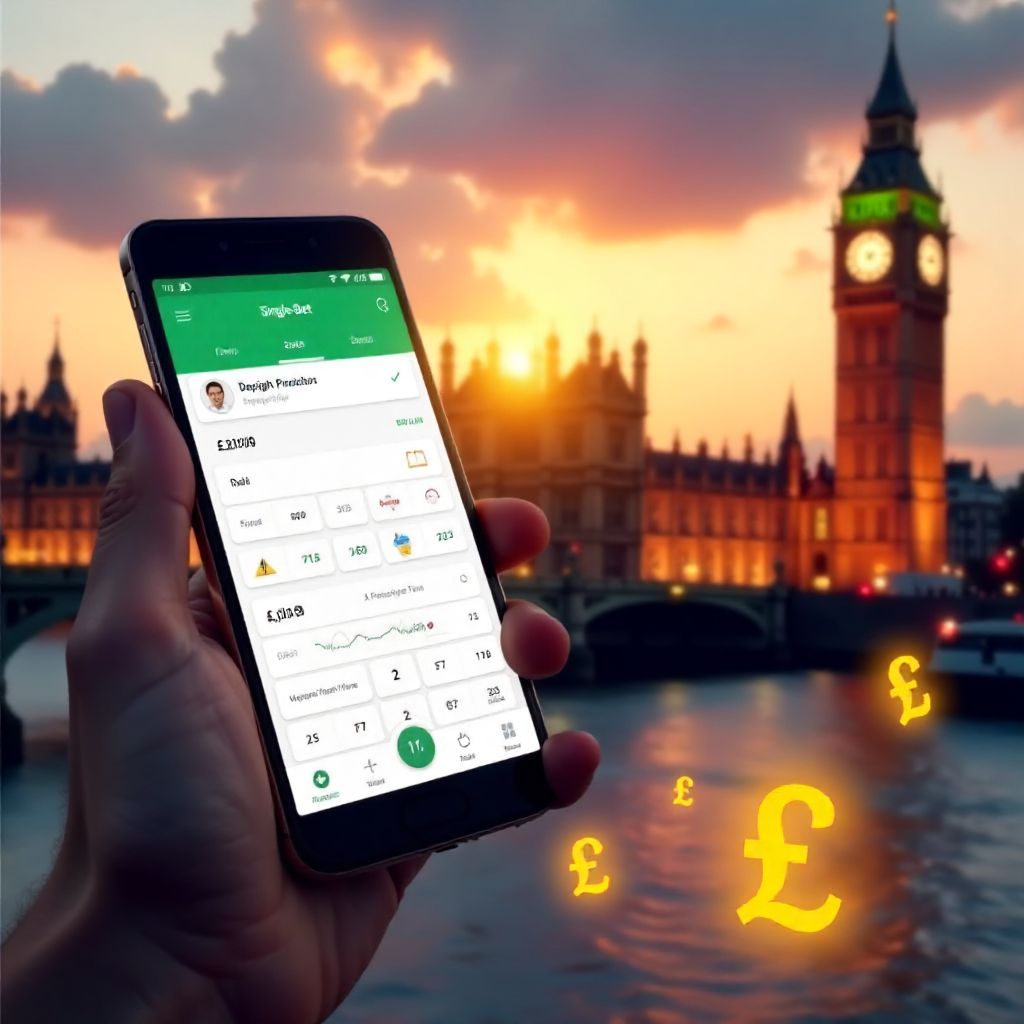 A hand holding a high-end smartphone displaying a professional Single Bet Calculator app with a clean white and emerald green interface, background is the London skyline with the Big Ben and Westminster Bridge at sunset, 3D golden British Pound symbols (£